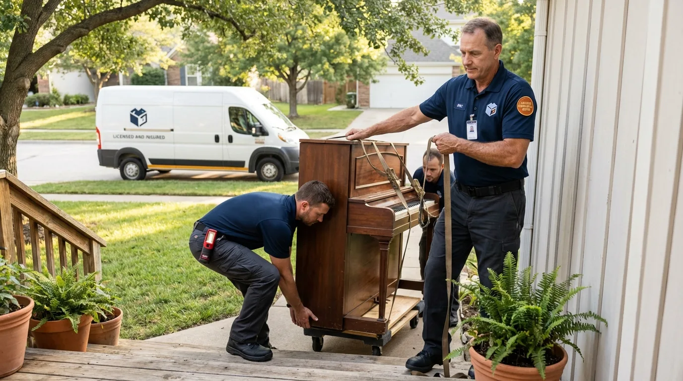 Licensed piano movers securing grand piano in Glendale, AZ