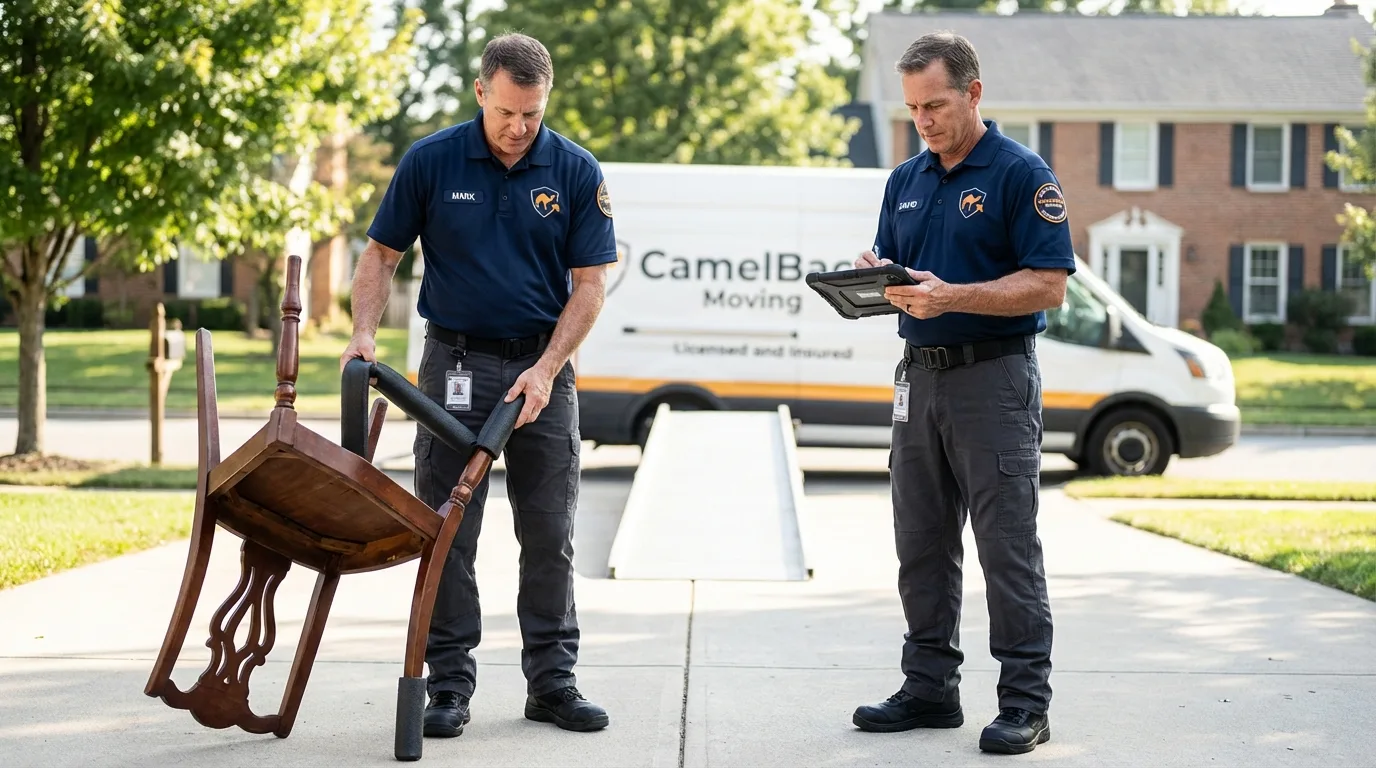 Movers inspecting furniture for damage prevention before loading in Glendale, AZ