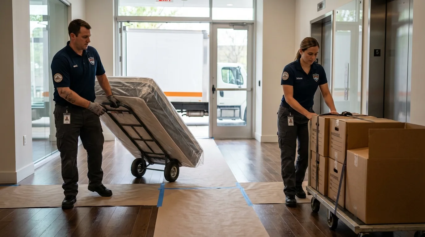 Professional apartment movers loading elevator in Glendale, AZ