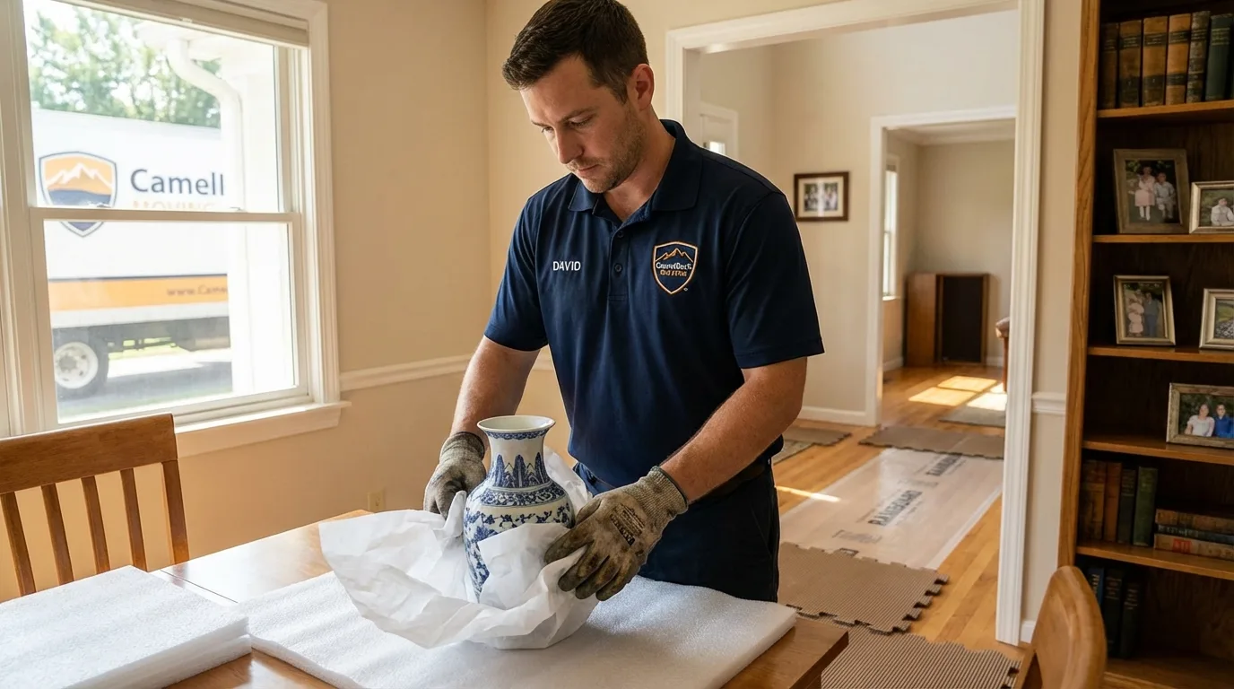 Professional crew carefully wrapping antique vase for senior downsizing move in Glendale, AZ